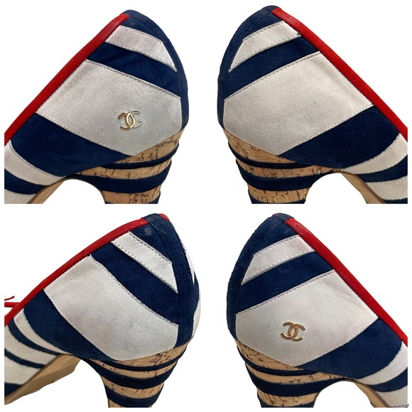 CHANEL Multicolor Suede CC Stripes Cork Heel Pumps EU 41 US 10 - Picture 8 of 14